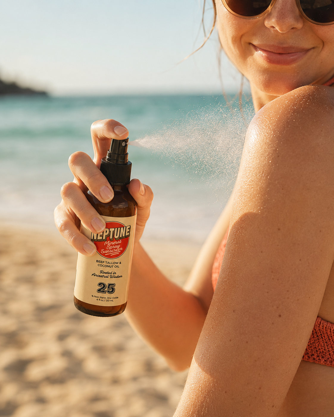 A woman on a sunny beach sprays sunscreen from a brown bottle onto her shoulder.