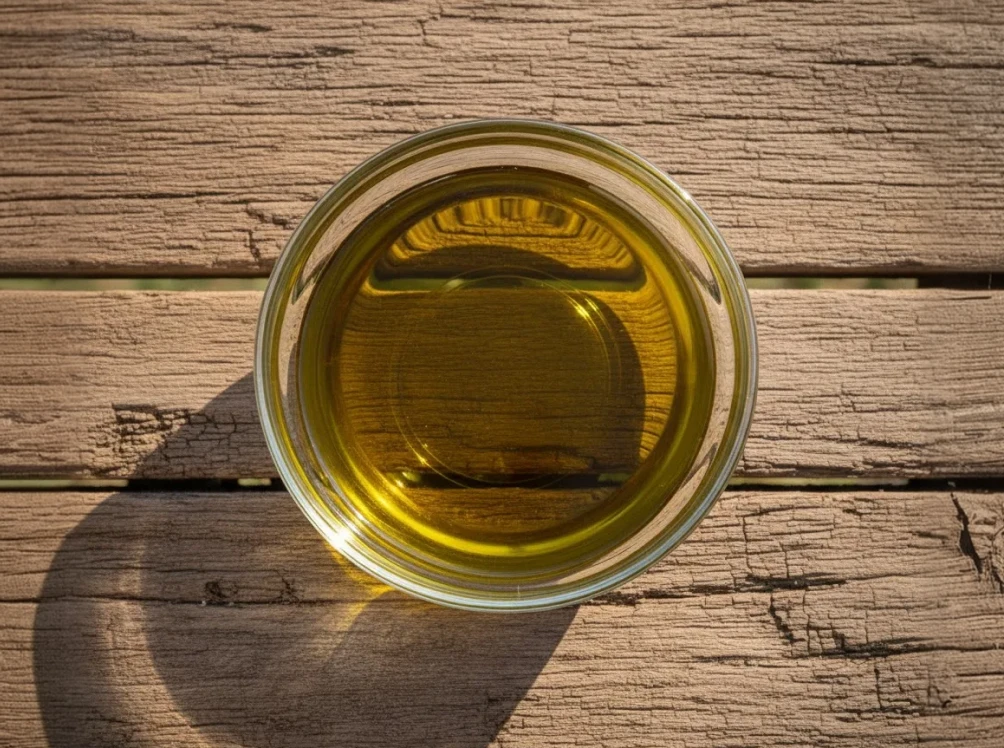 An overhead shot of a clear glass bowl of golden oil sitting on a weathered wooden surface.