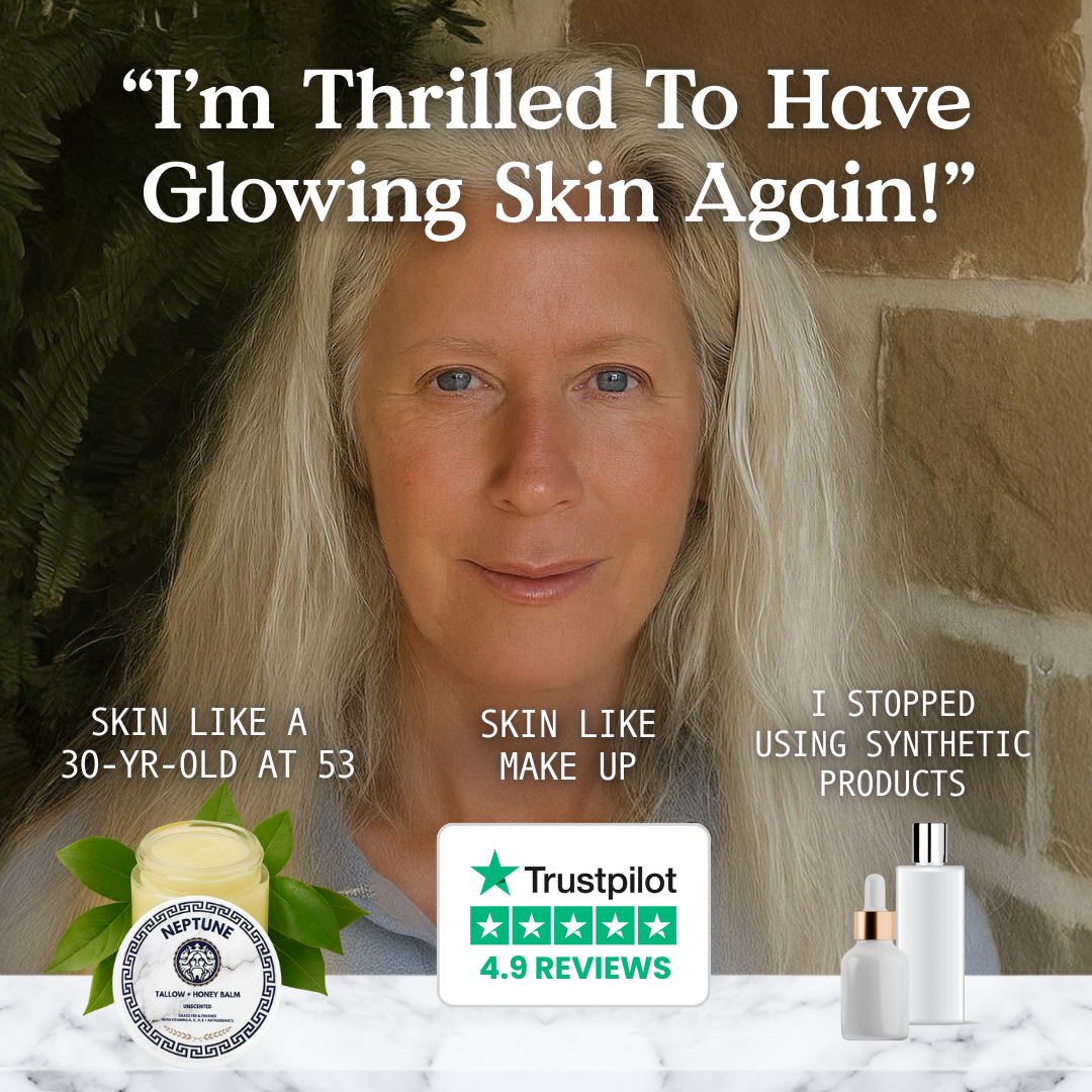 Woman smiling with skincare product, Trustpilot rating, and text about glowing skin.