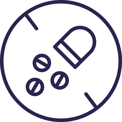 A purple line art icon of a capsule and three pills inside a circle on a green background.