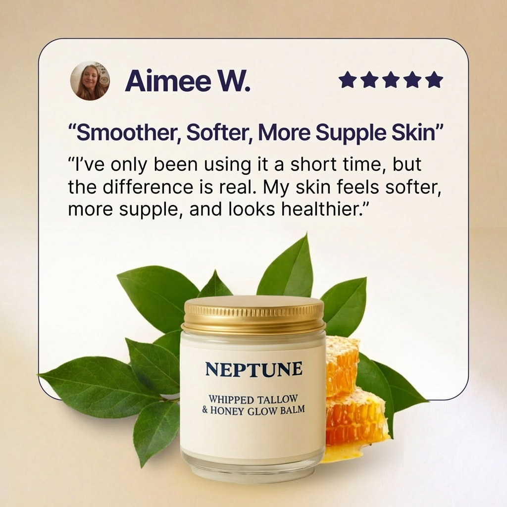 Product review featuring Neptune Whipped Tallow & Honey Glow Balm with leaves and honeycomb background.