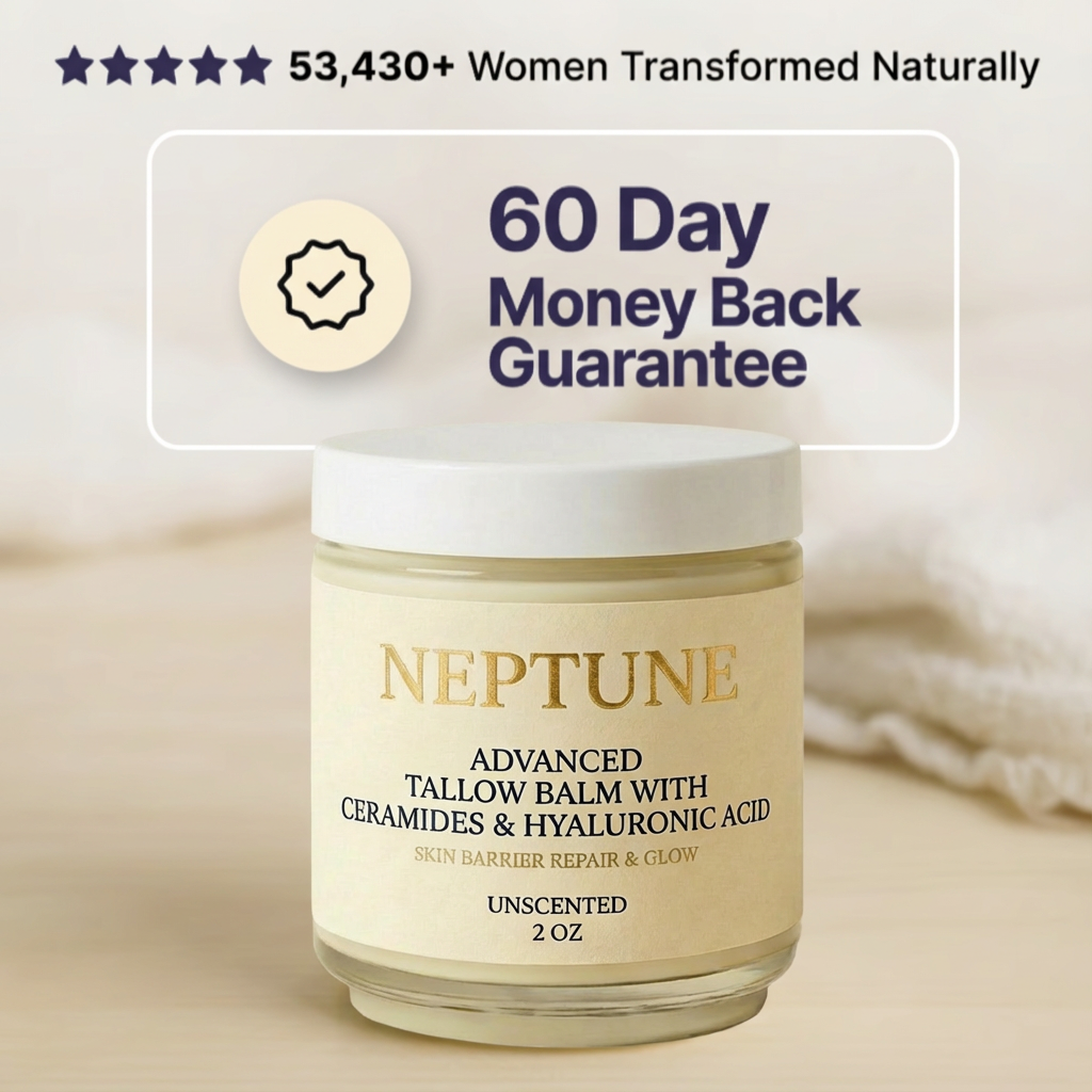Jar of Neptune Whipped Tallow & Honey Glow Balm with text about a money-back guarantee.