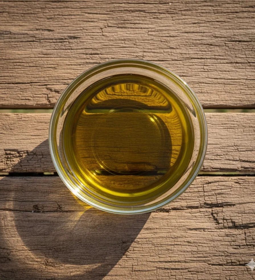 Glass bowl of olive oil on wooden surface.