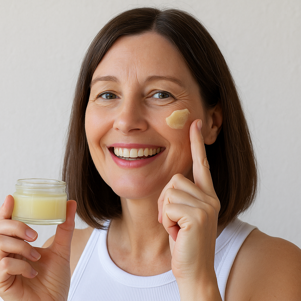 Smiling woman applying cream to her face, holding a small jar.