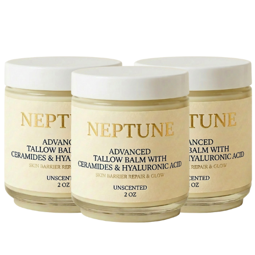 Three jars of Neptune Advanced Tallow Balm with Ceramides & Hyaluronic Acid against a black background.