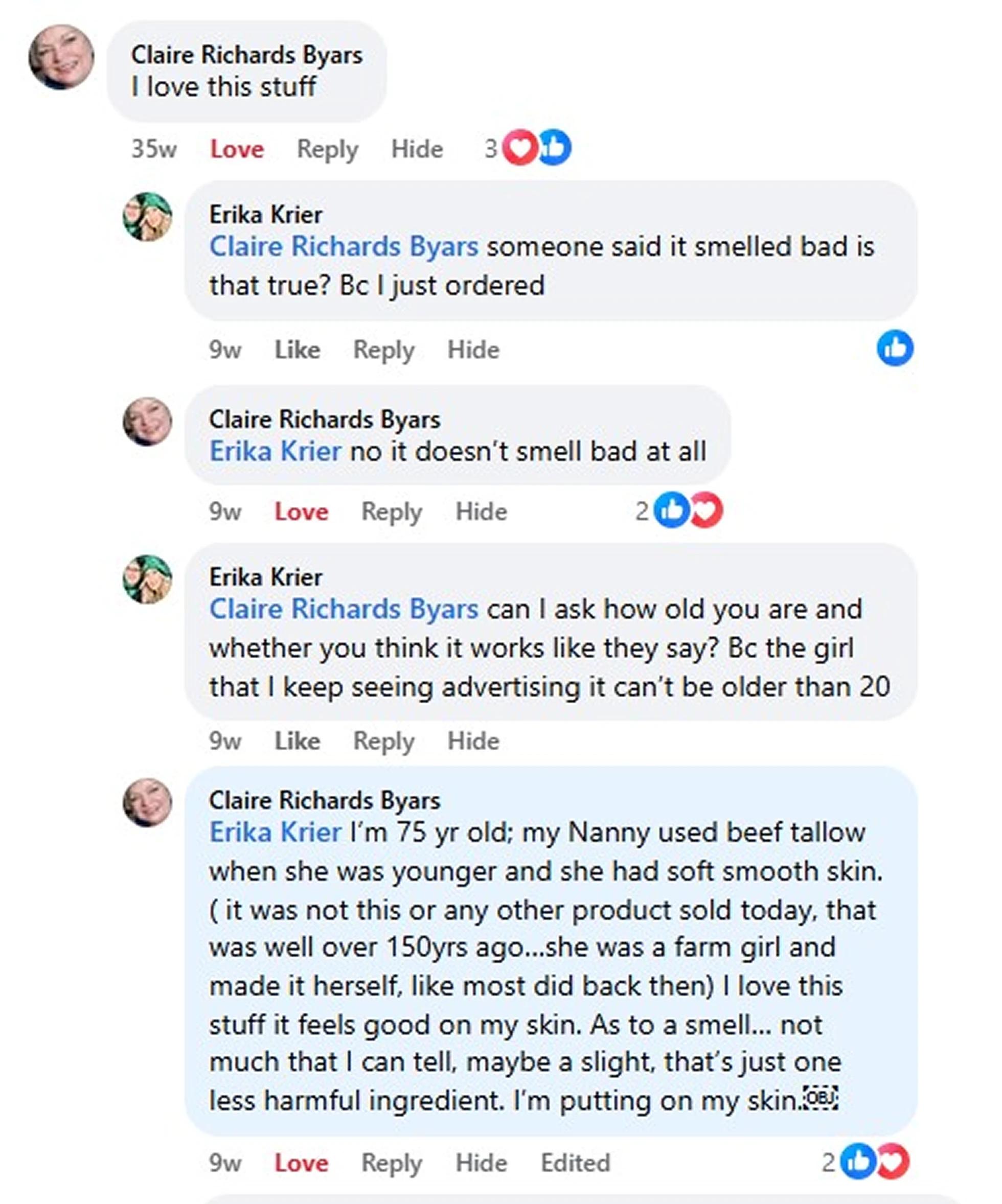 A screenshot of a social media comment thread discussing the effectiveness and smell of a product.