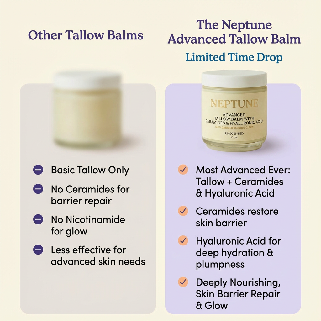 Comparison chart of Neptune's Tallow Balm versus other brands with benefits listed.