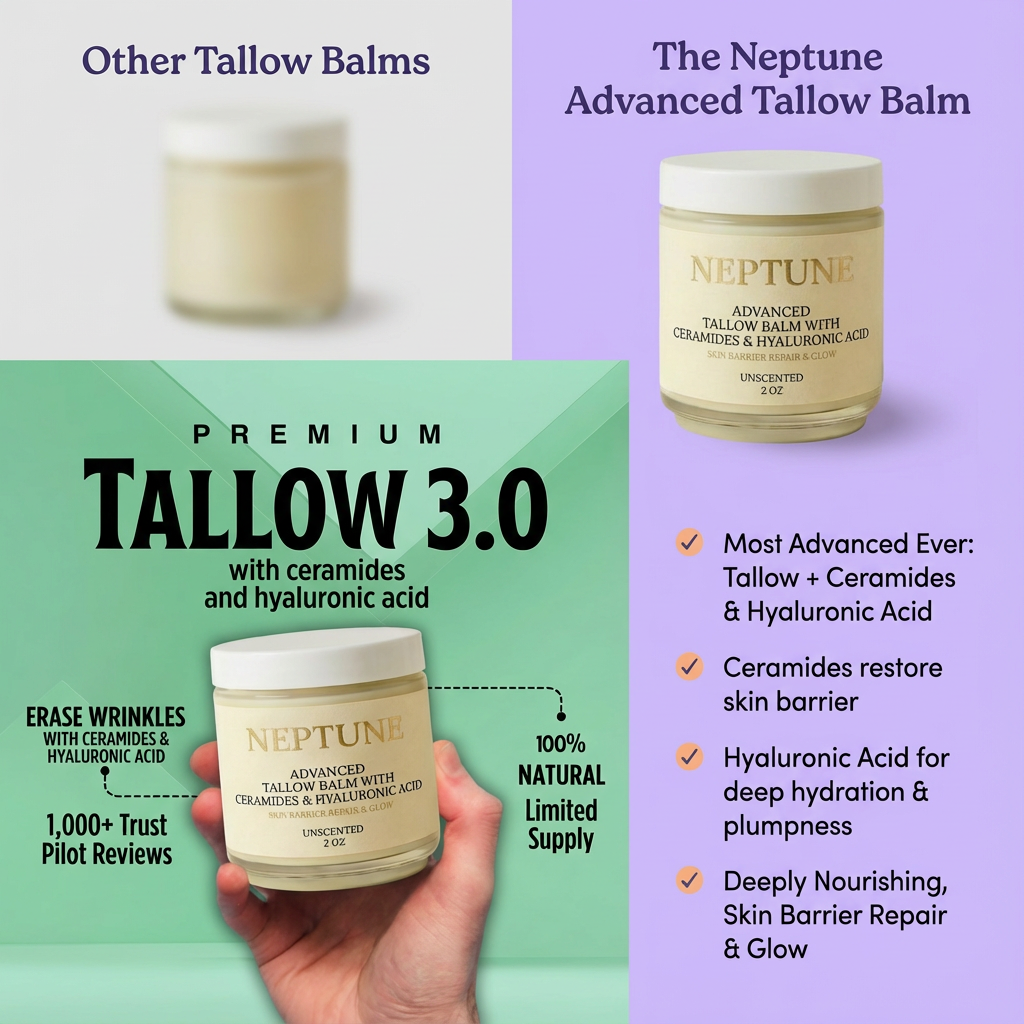 Product review featuring Neptune Whipped Tallow & Honey Glow Balm with leaves and honeycomb background.
