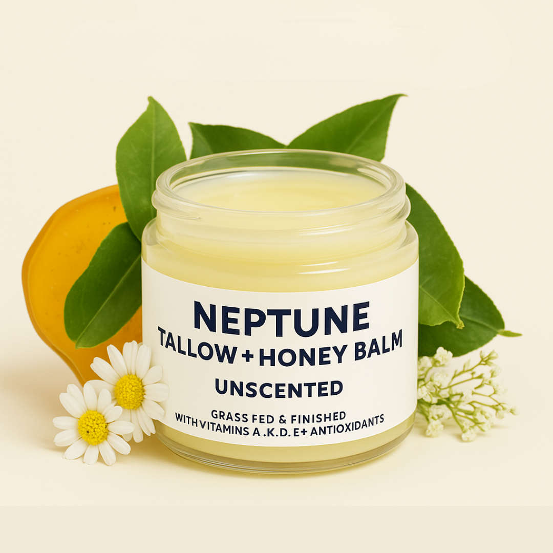 Jar of Neptune Tallow + Honey Balm with leaves and flowers.