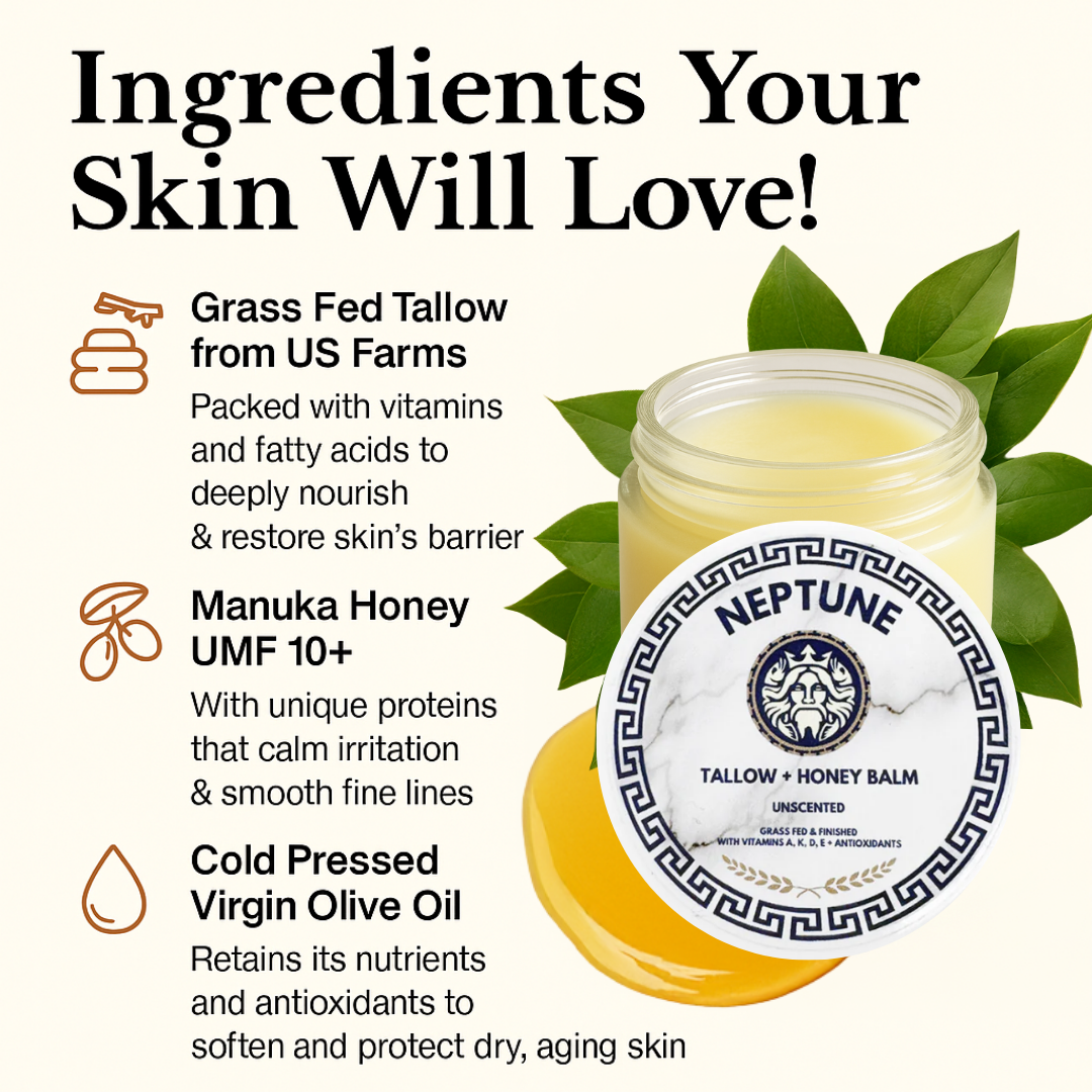 Image of skincare balm with ingredients: tallow, Manuka honey, and olive oil.