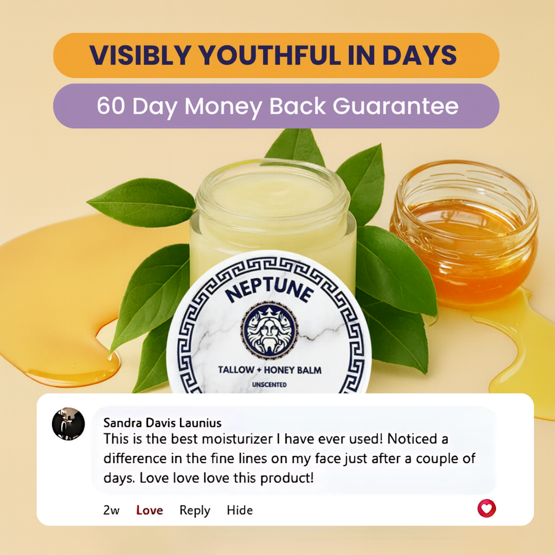 Neptune Tallow + Honey Balm with leaves, honey, and a customer review.