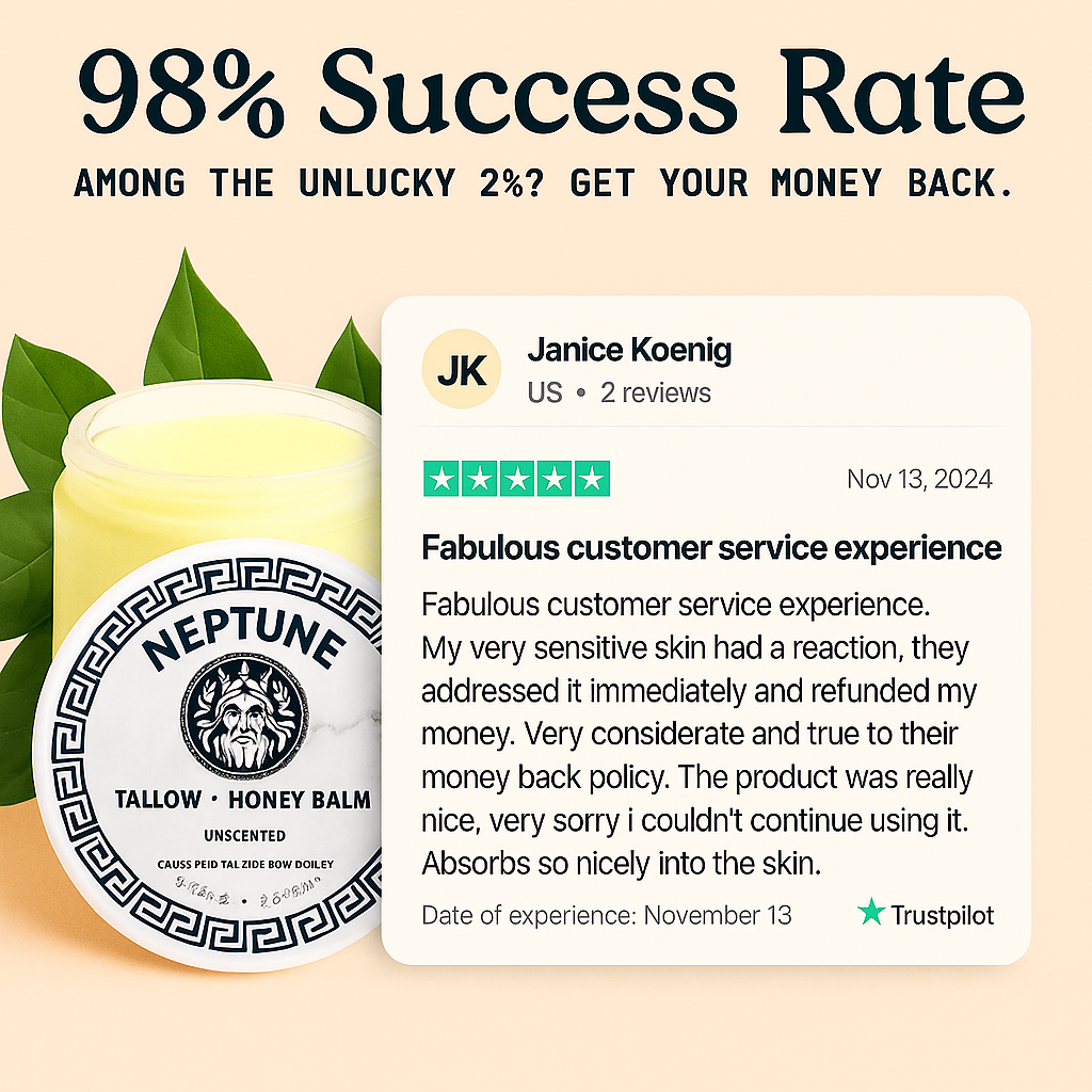 Neptune balm container and a positive customer review with a 98% success rate message.
