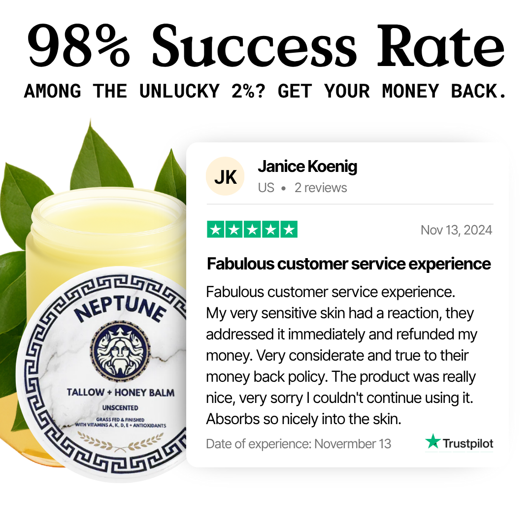 Neptune balm jar with a customer review and 98% success rate text.