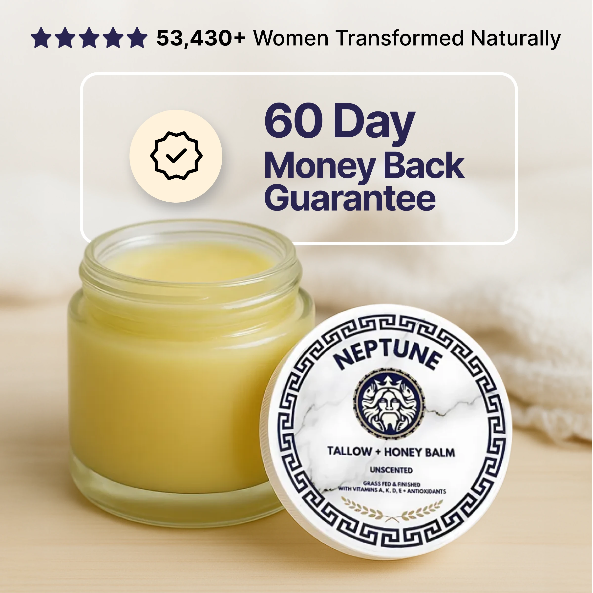 Neptune Tallow + Honey Balm jar with 60-day money-back guarantee text.