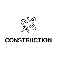 A black and white line icon of a needle and thread above the word CONSTRUCTION.