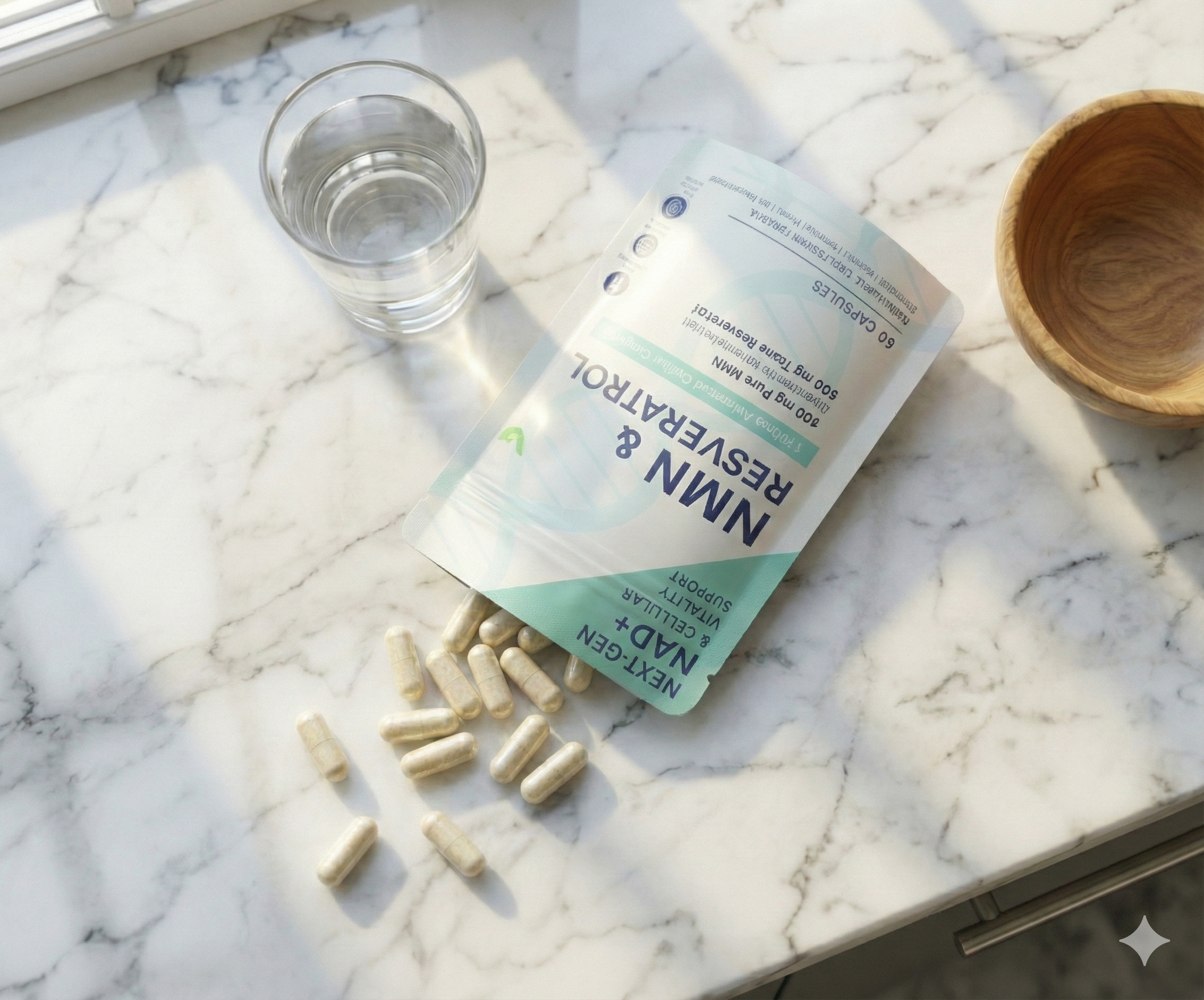 Capsules spilling from a bag beside a glass of water and wooden bowl on a marble surface.