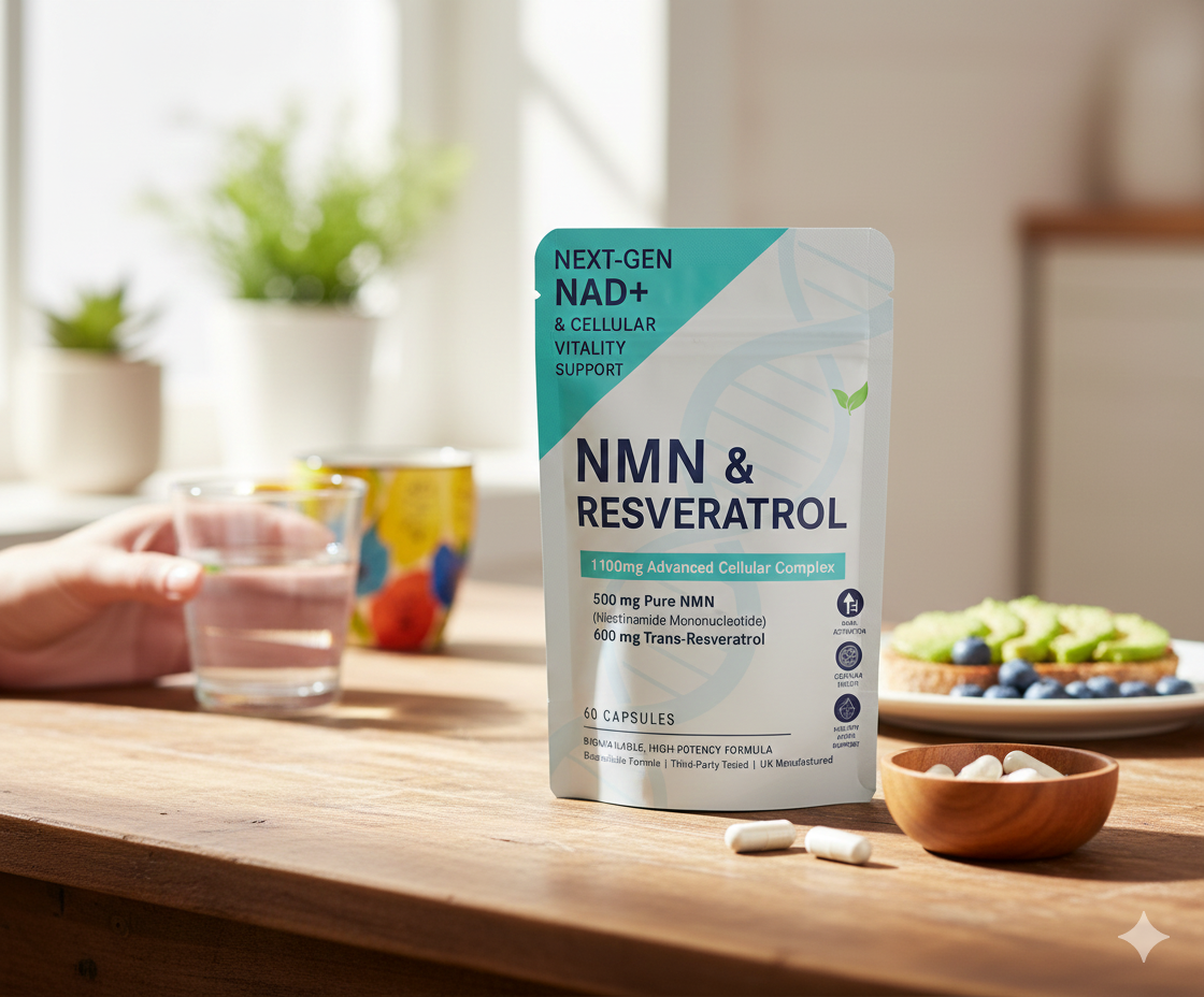 Supplement pouch on table with capsules, a glass, and a plate.