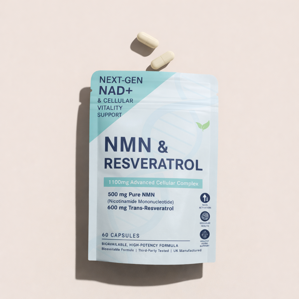 A pouch of NMN & Resveratrol supplements sits on a flat surface with two capsules placed beside it.