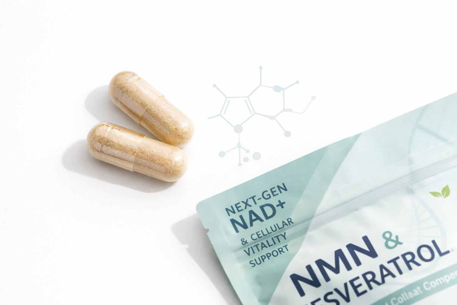 Two supplement capsules sit next to a pouch labeled 'NMN & Resveratrol' on a white surface.