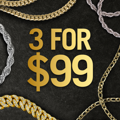 Gold and silver chains surround '3 For $99' text on black background.