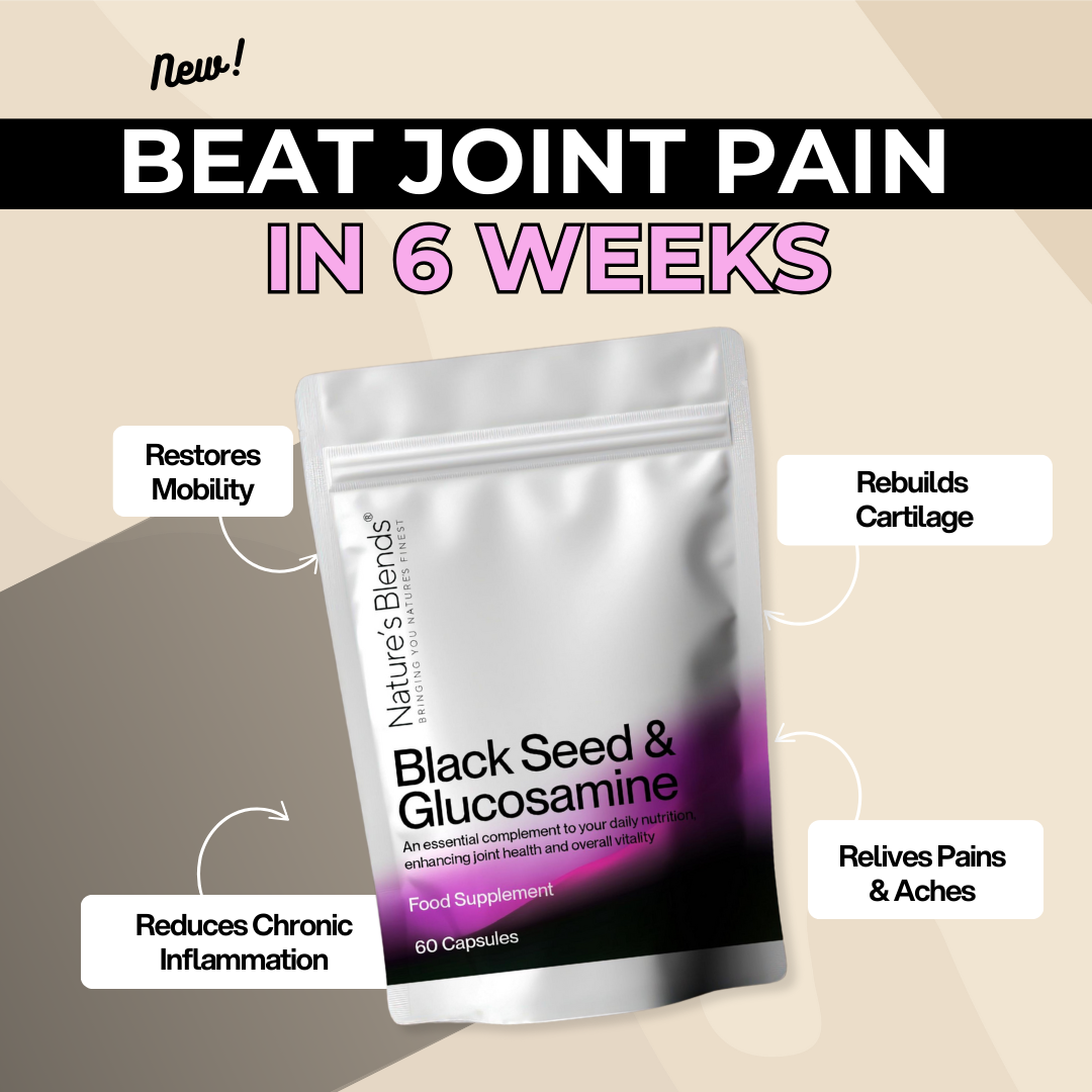 Product packaging for Black Seed & Glucosamine capsules with health benefits listed.