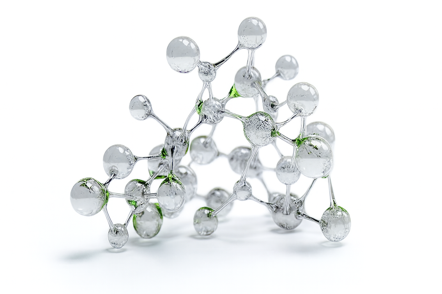 Transparent molecular structure with green highlights on a white background.