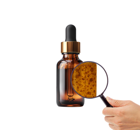 Brown dropper bottle with magnifying glass showing detailed texture.