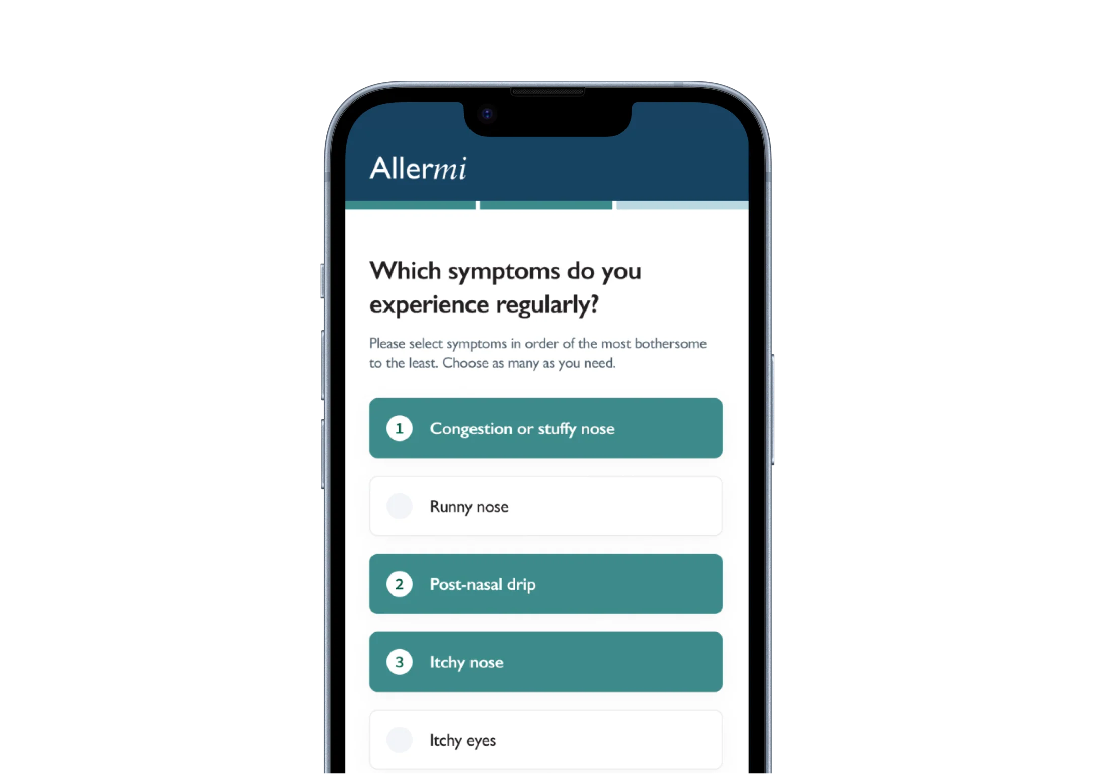 Smartphone displaying a symptom selection screen for allergy-related issues.