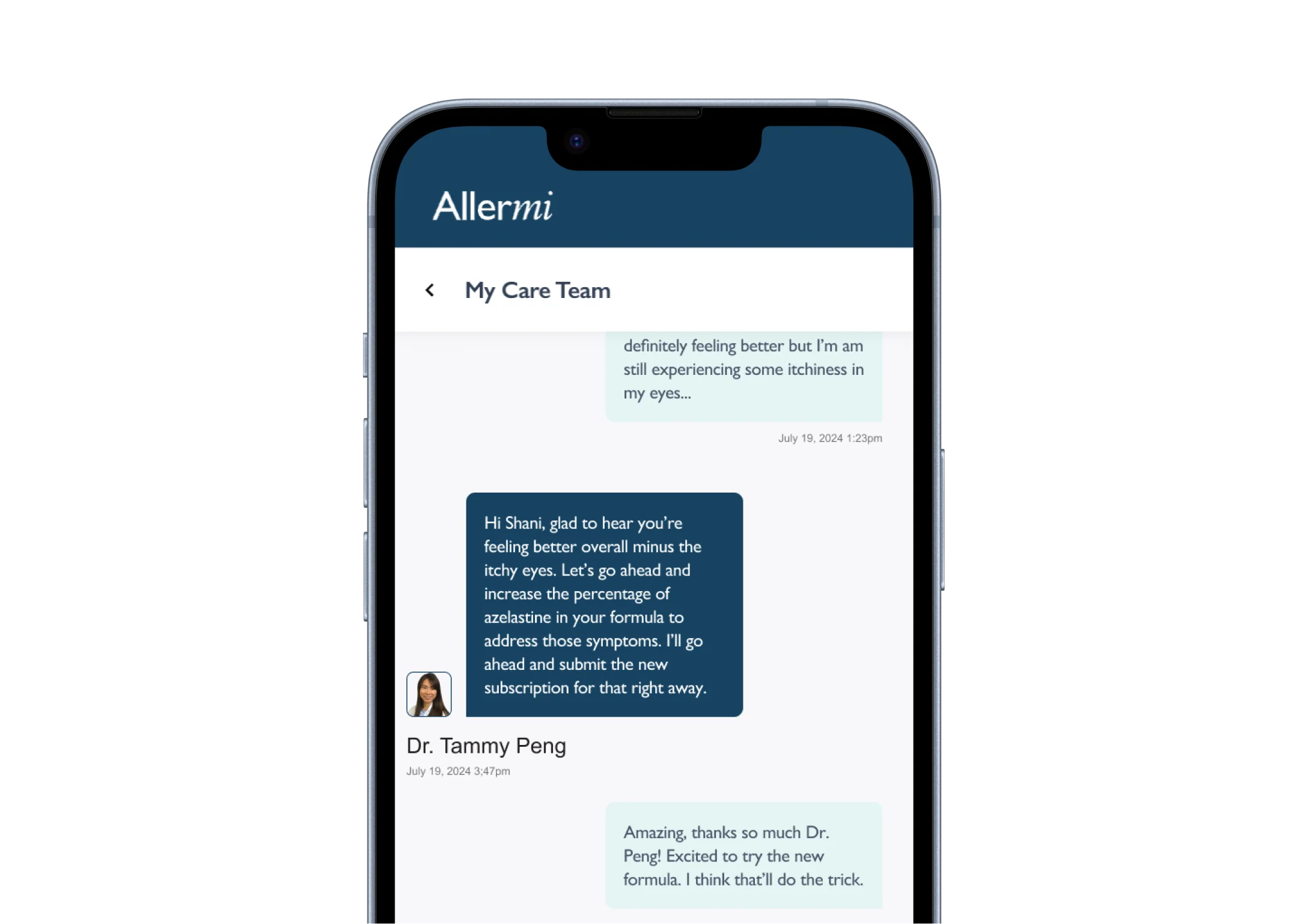Smartphone displaying a medical chat conversation with a doctor.