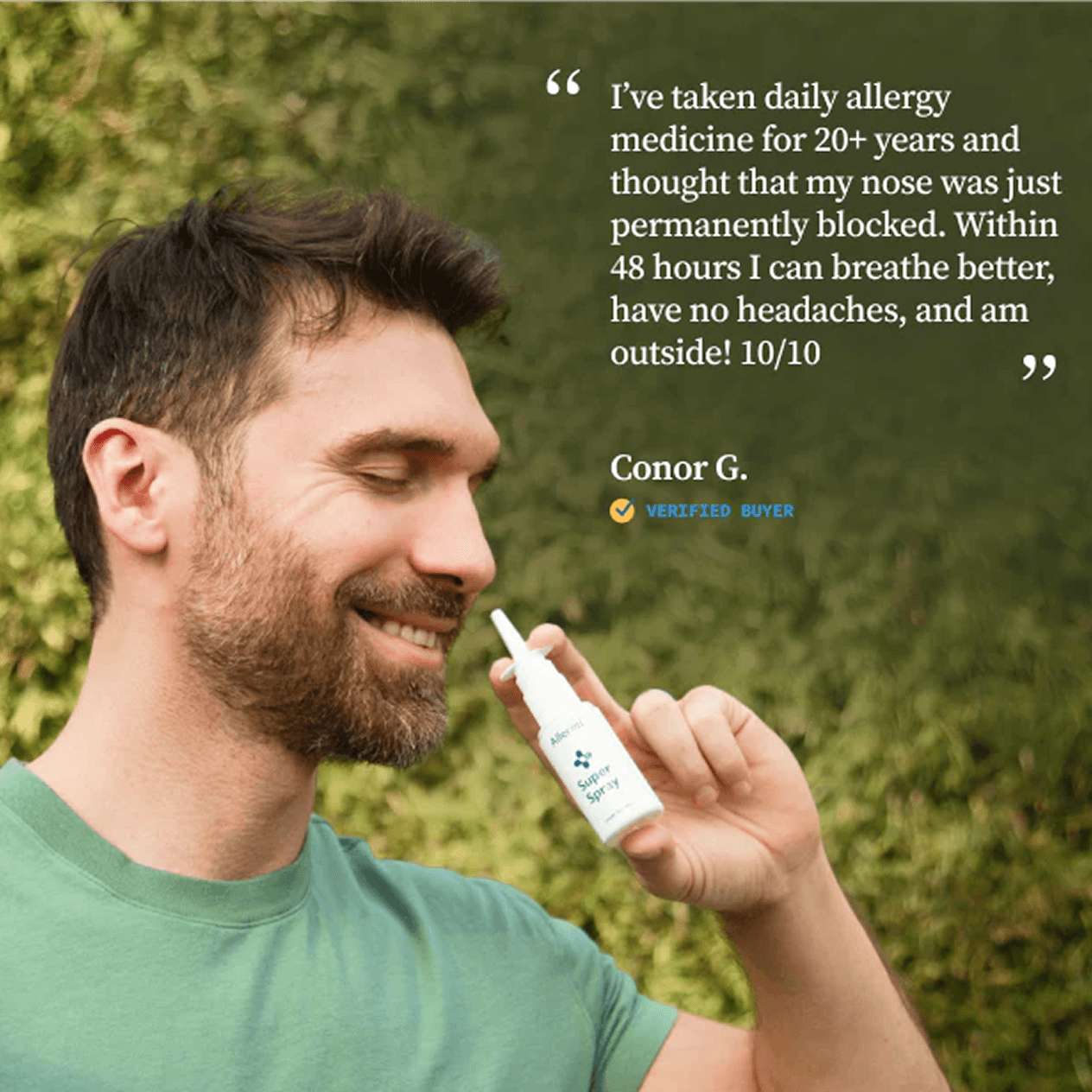 Man holding nasal spray with testimonial text beside him.