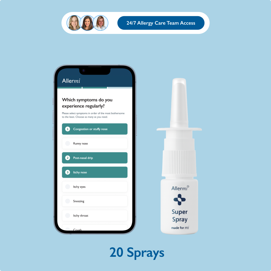 Smartphone displaying allergy survey next to a nasal spray bottle on a blue background.