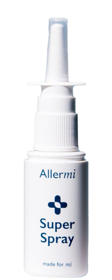White nasal spray bottle labeled 'Allermi Super Spray.'