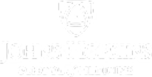 The logo for the Johns Hopkins School of Medicine in white on a black background.
