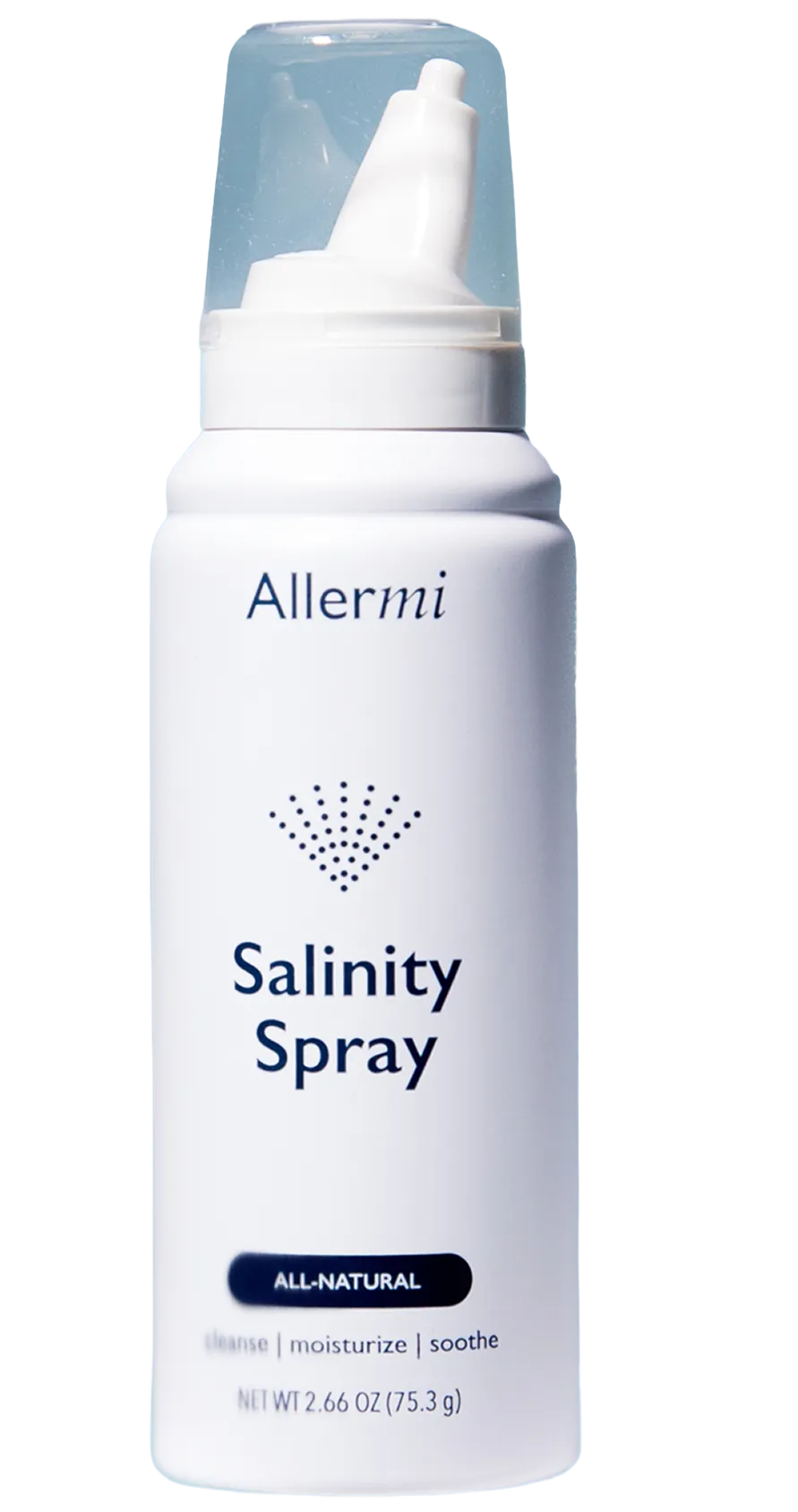 A white bottle of Allermi Salinity Spray with a clear cap, shown against a black background.