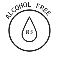 Icon with a droplet and text 'Alcohol Free' and '0%' inside a circle.