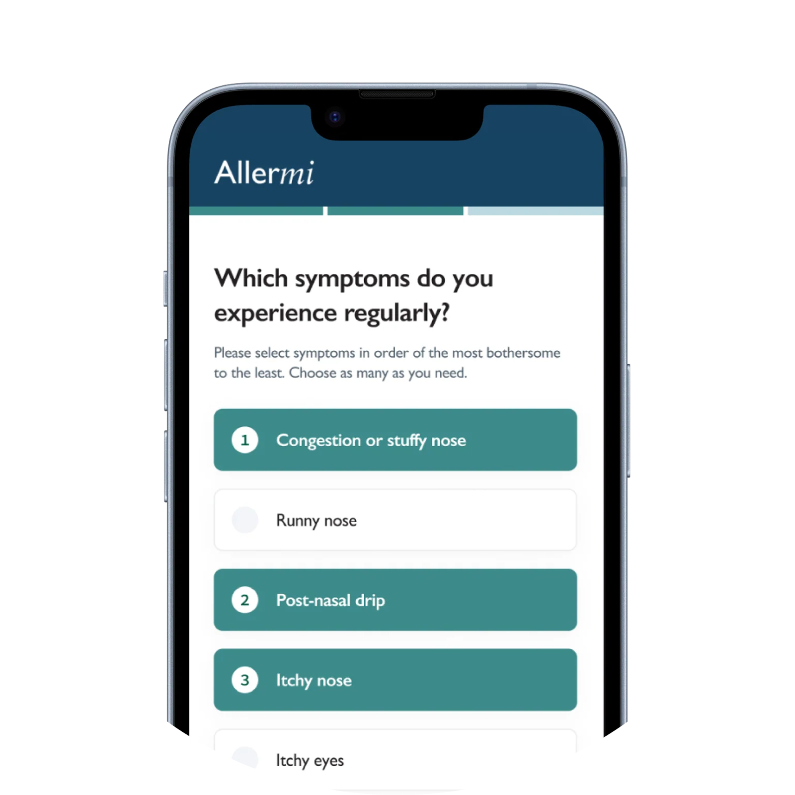 A smartphone screen displaying the Allermi app, asking a user to select and rank their allergy symptoms.