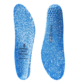 A pair of blue and white textured shoe insoles, showing the top and bottom against a green background.