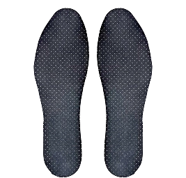 A pair of black shoe insoles with a textured, dotted surface, seen from above.