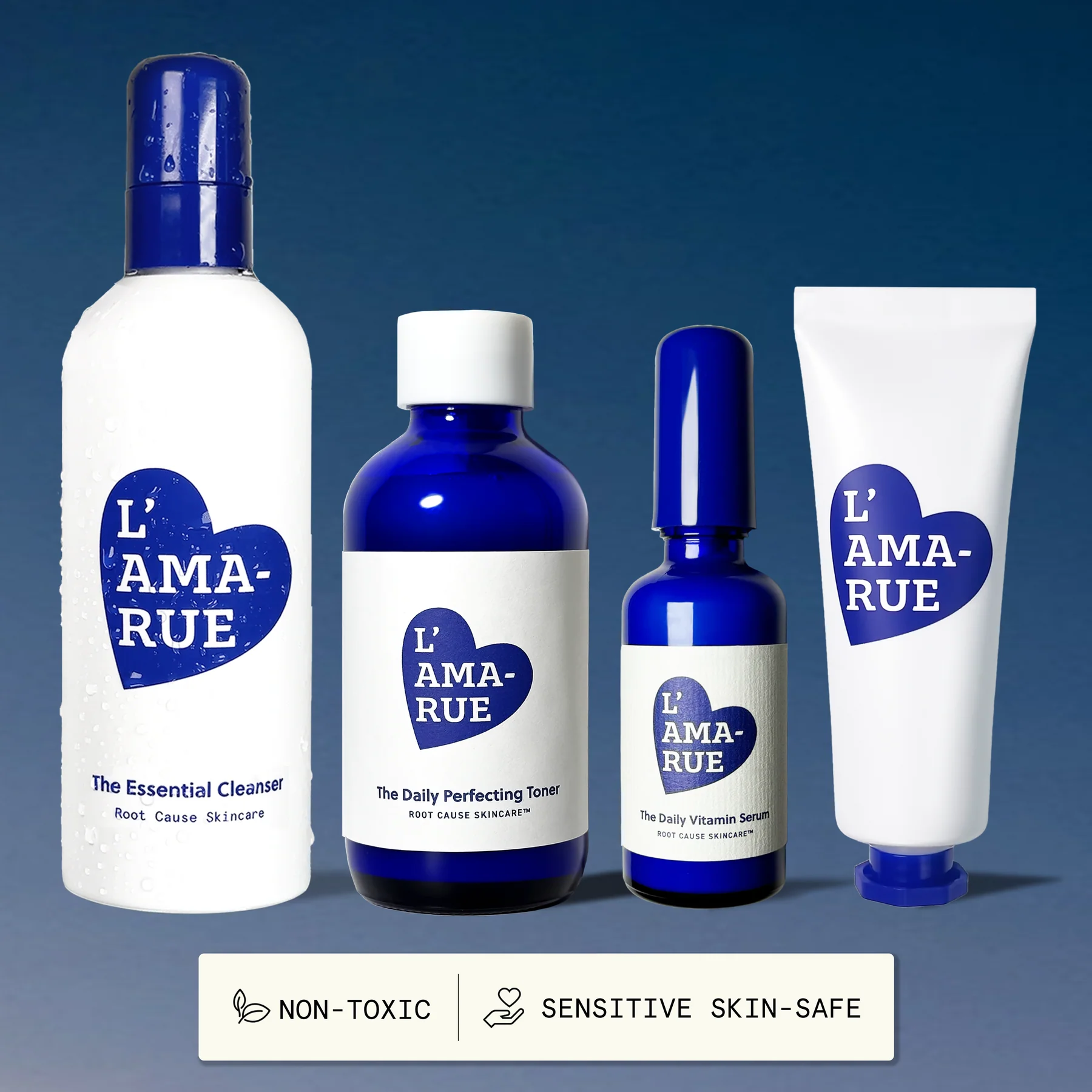 Four L'AMARUE skincare products on a blue background.
