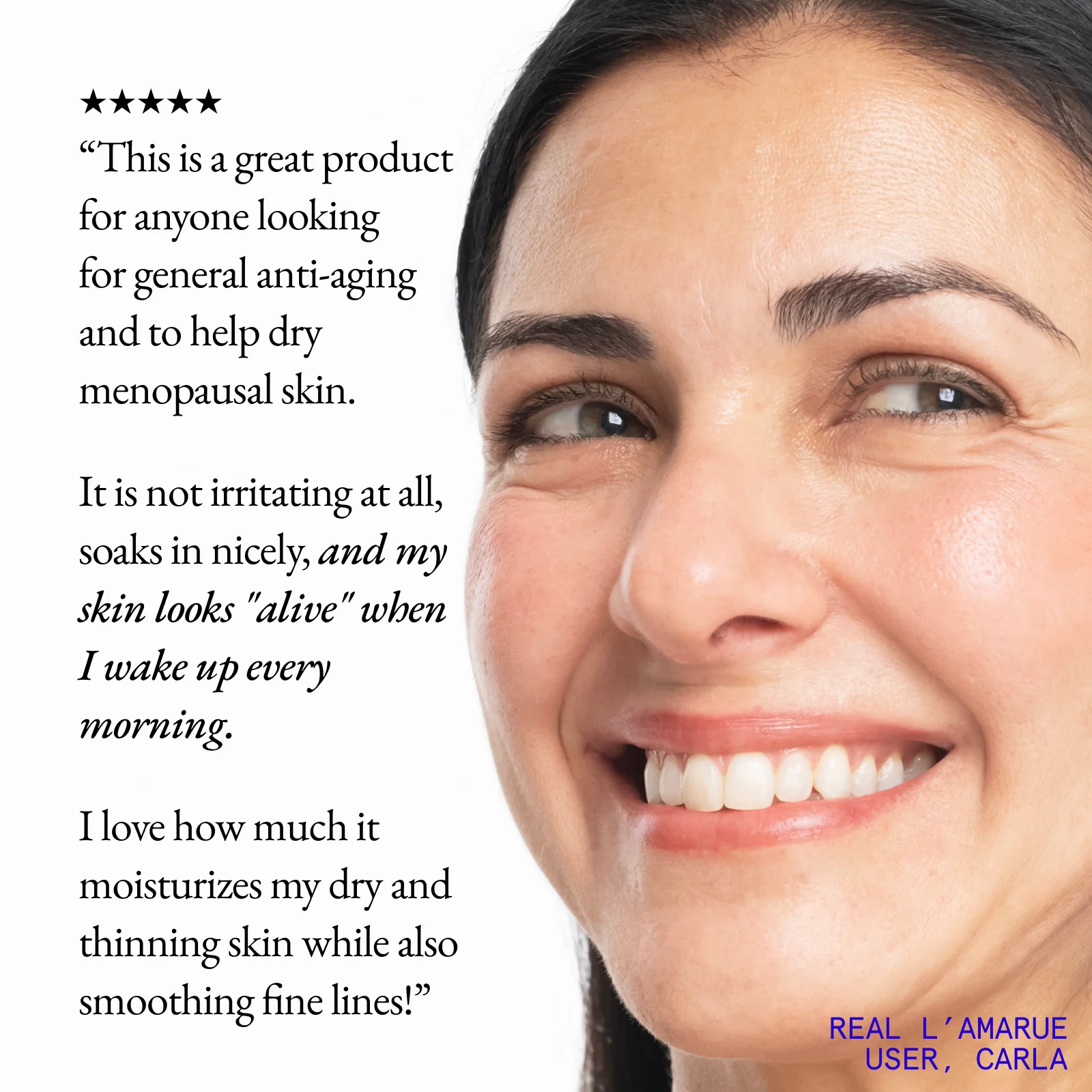 Smiling woman with text review about skincare product benefits.