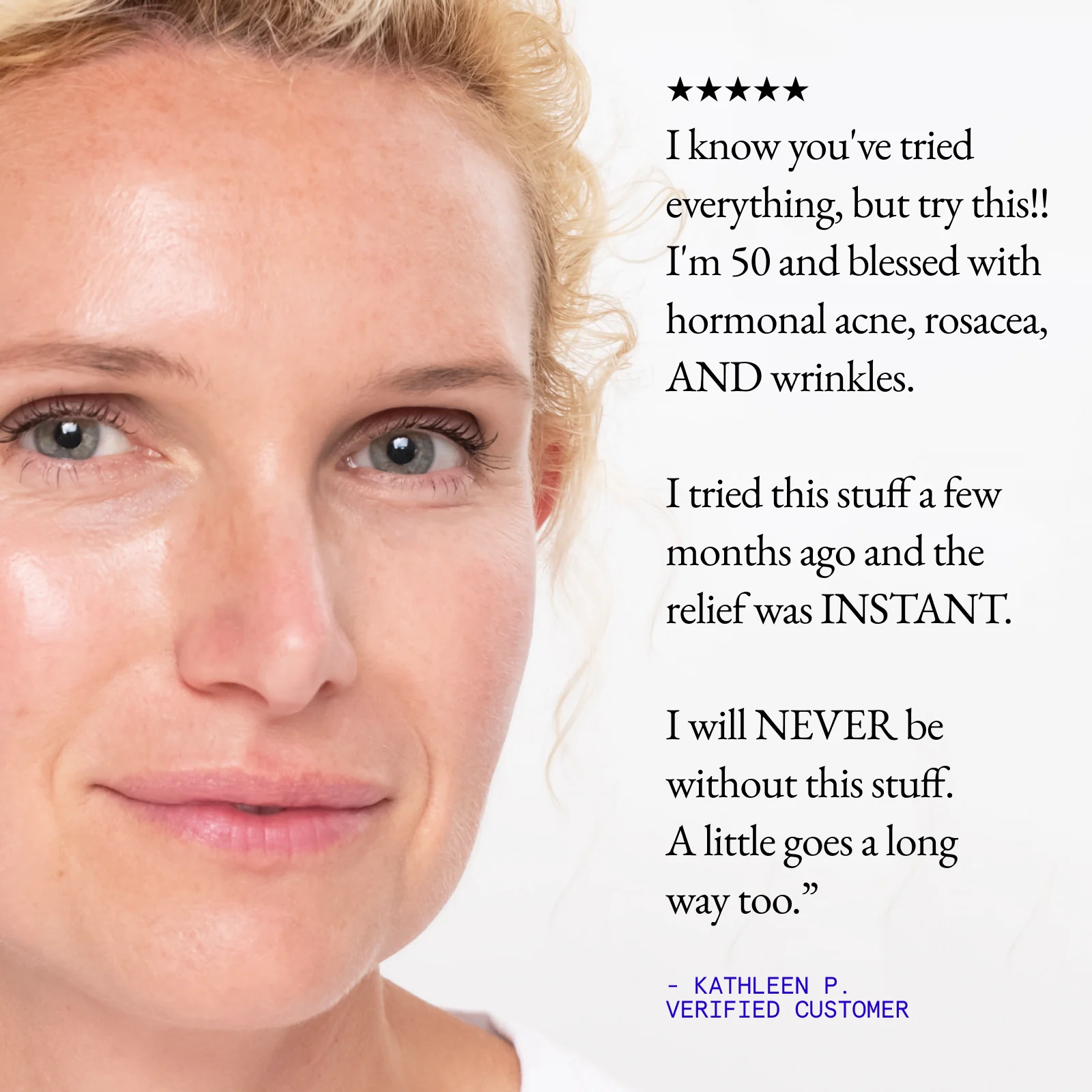 Close-up of a woman's face with a testimonial text beside her.