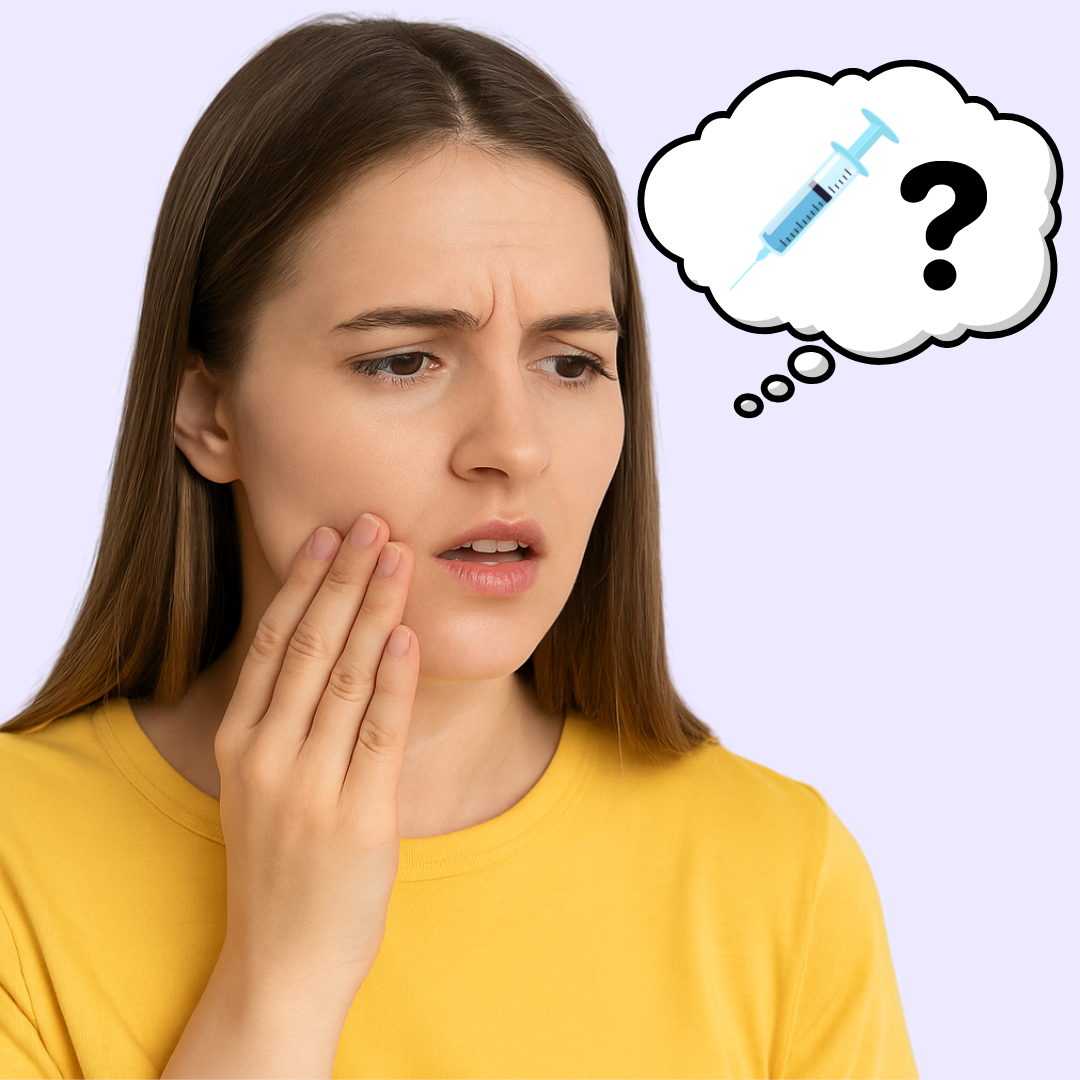 Woman in yellow shirt with thought bubble showing syringe and question mark.