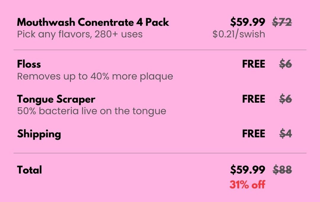 Dental product pricing list with discounts and free items highlighted.