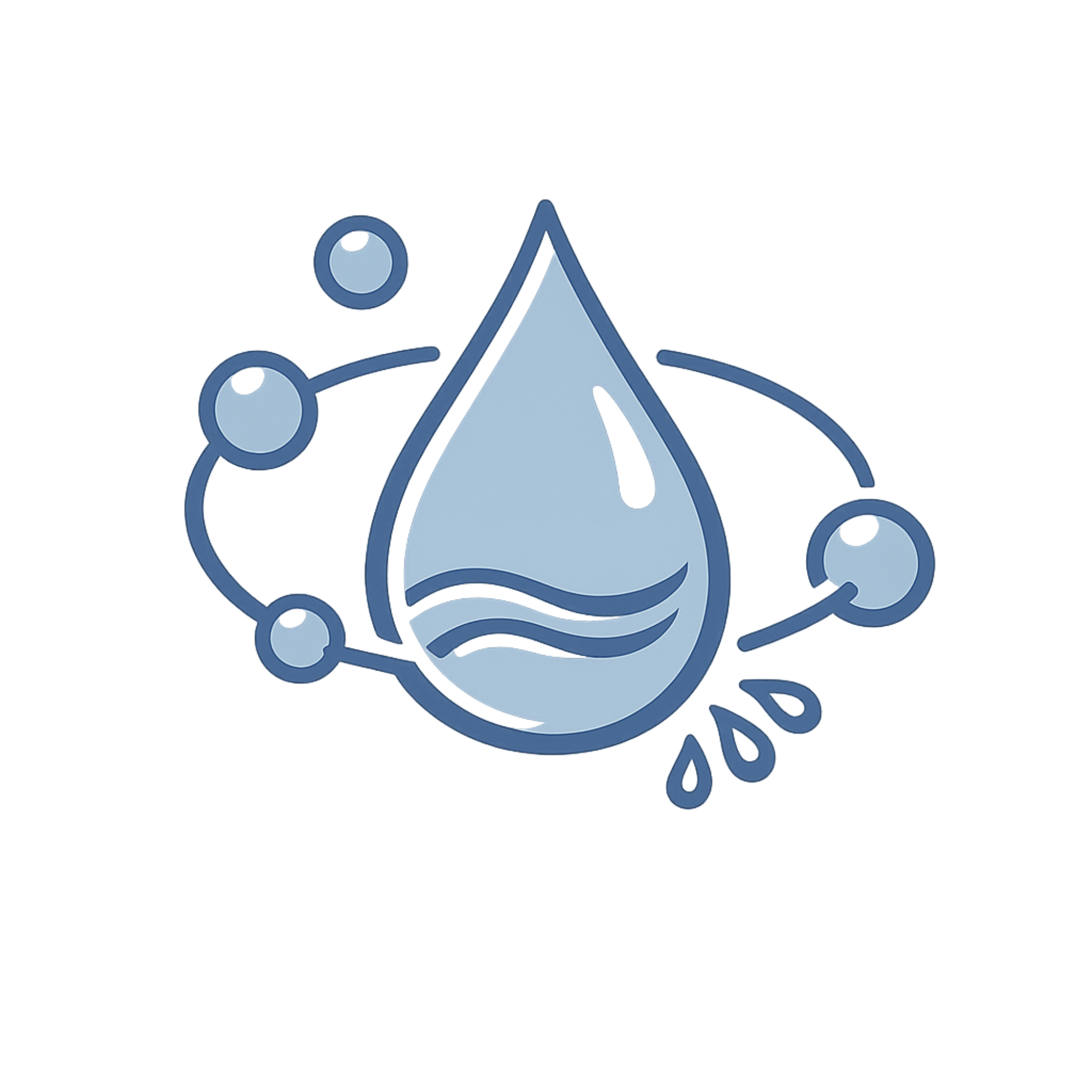 An icon of a large water droplet with waves inside, surrounded by orbiting bubbles and a small splash.