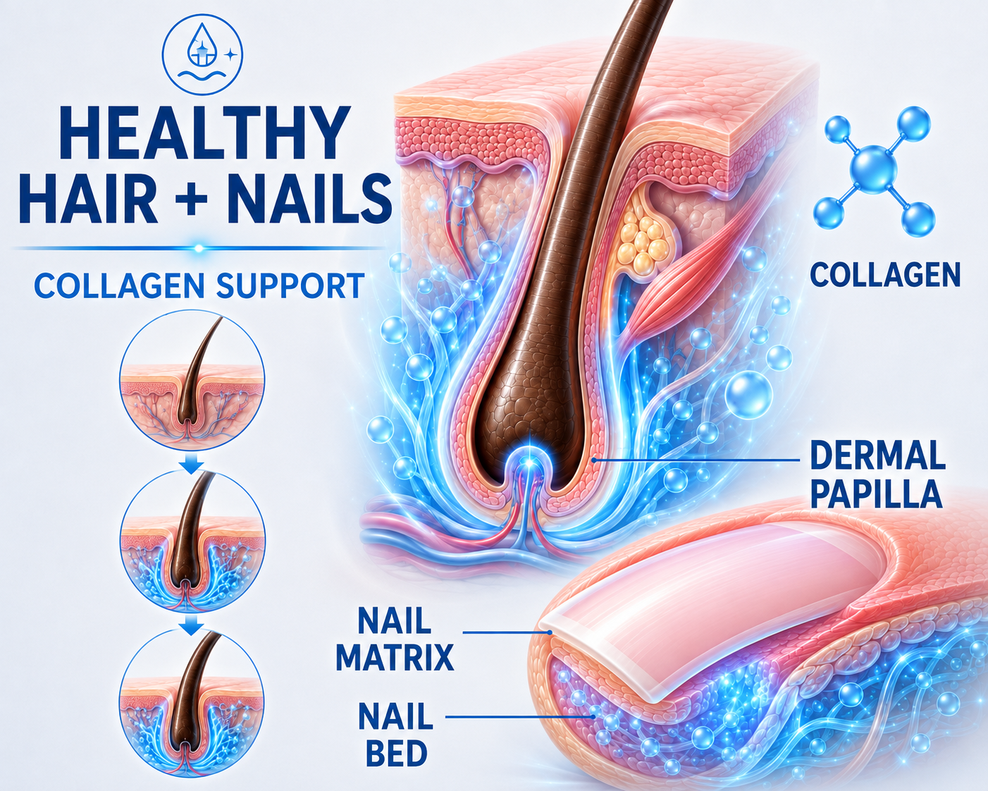 An infographic showing the anatomy of hair and nails, highlighting the role of collagen.
