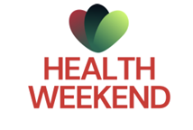 Logo for Health Weekend, with three overlapping leaf shapes above the name in red text.
