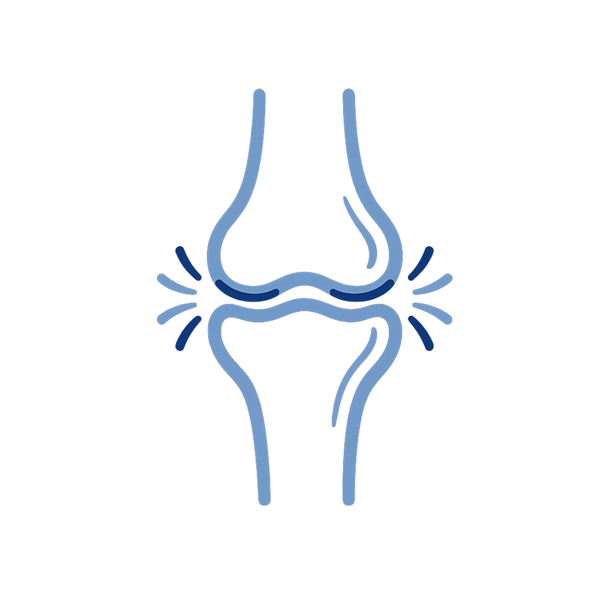 A stylized blue illustration of a knee joint with radiating lines on either side.
