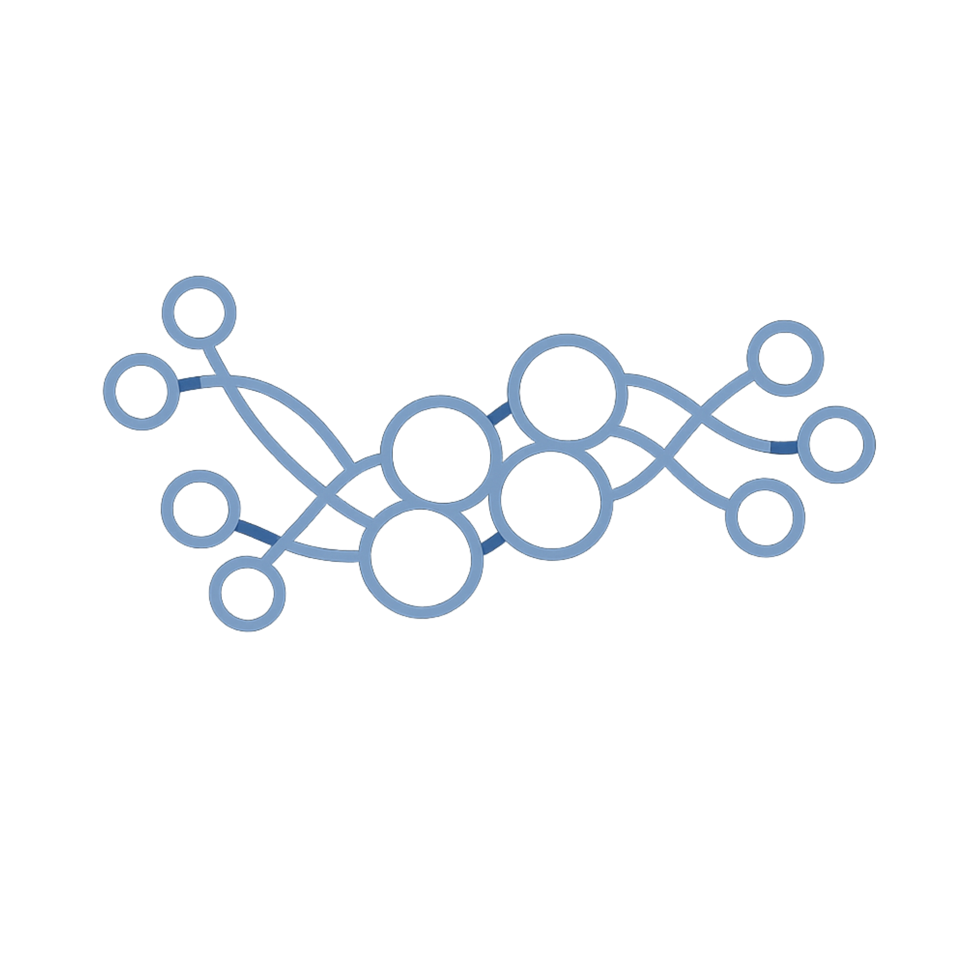 An abstract blue icon of interconnected circles and wavy lines on a white background.