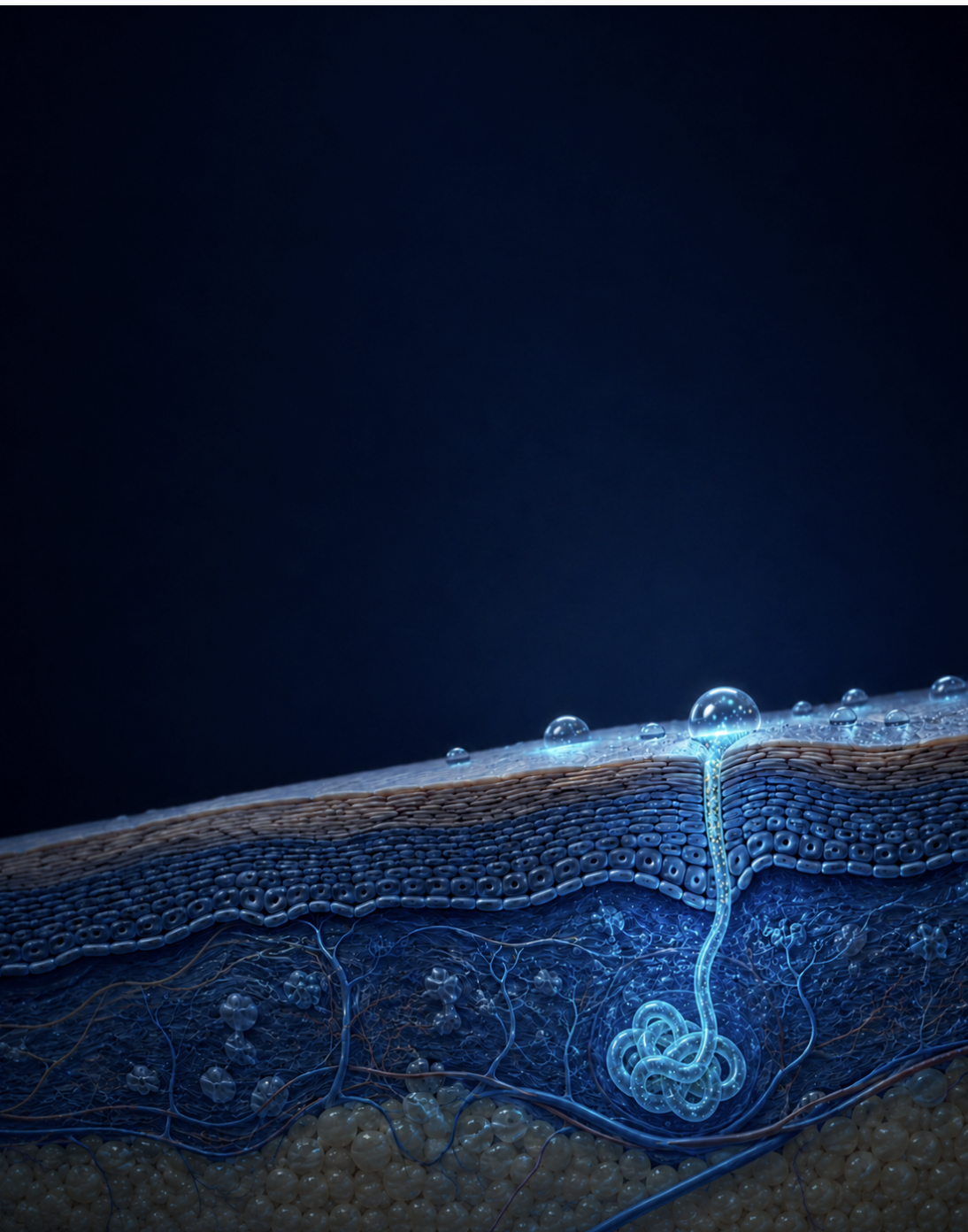 A digital illustration showing a cross-section of skin layers with a glowing blue sweat gland and moisture droplets.