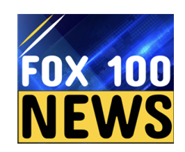 The logo for FOX 100 NEWS, with a blue and yellow background.